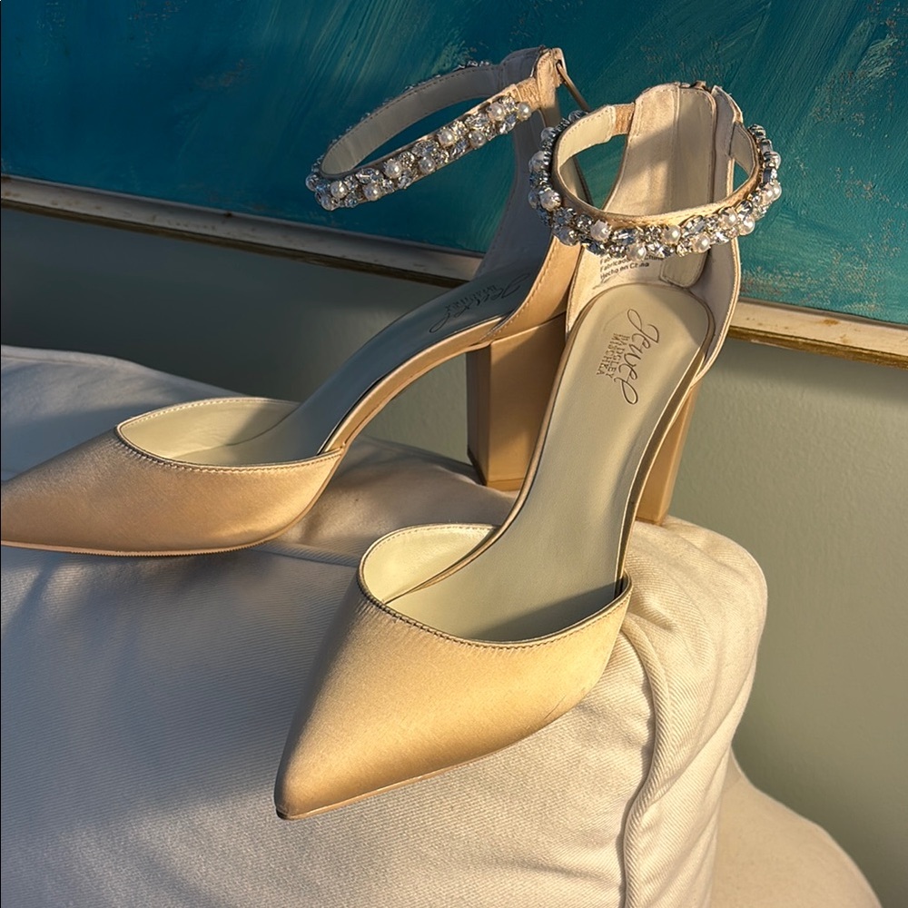 Elegant Beige Satin Heels with Crystal Ankle Strap